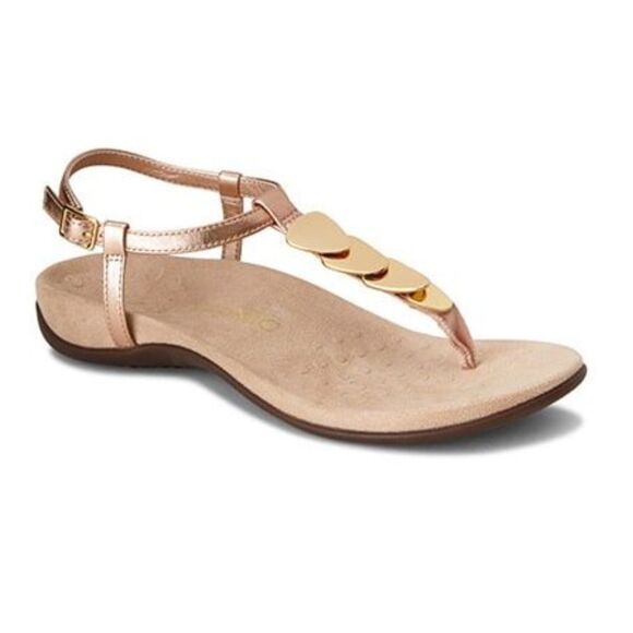 Vionic MIAMI Gold Stacked Metal Plate Embellished Orthotic Thong Sandals - Picture 1 of 13